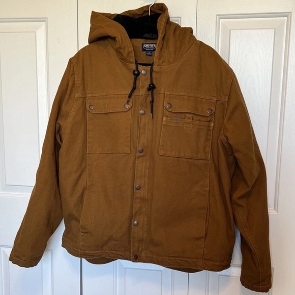 Smiths Workwear Men's Size L Canvas Duck Sherpa Jacket Brown Hooded Lined - Picture 2 of 16